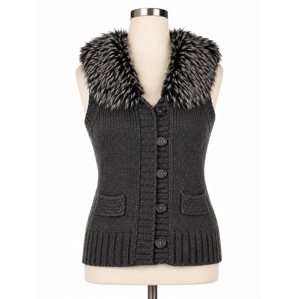 LOFT Sweater Vest Women XS Grey Faux Fur Collar Wool Blend Cabin Core Chic
